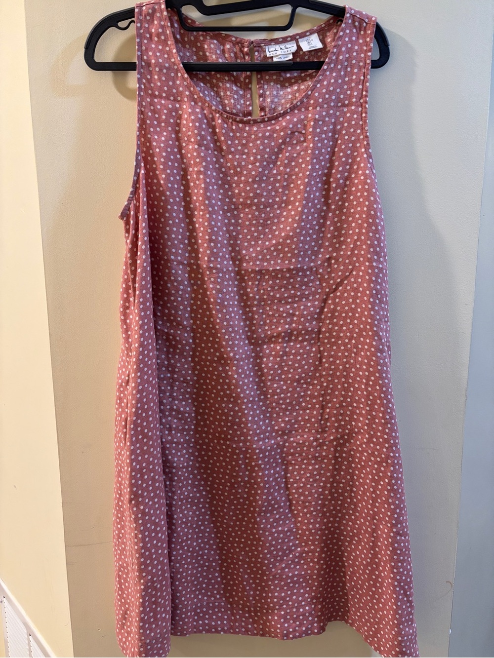 Pink 100 Linen Polka Dot Sleeveless Shift‎ Dress Sz L Lightweight Pockets EUC